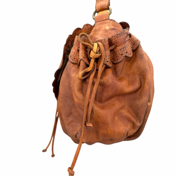 Lucky Brand Distressed Lamb Leather Hobo Bag Brown Boho Scallop Trim Fringe Vntg - Picture 4 of 16